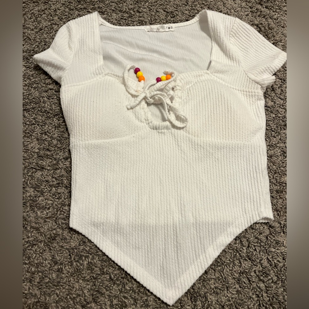 Fashion nova small white crop top with beads - perfect for summer!